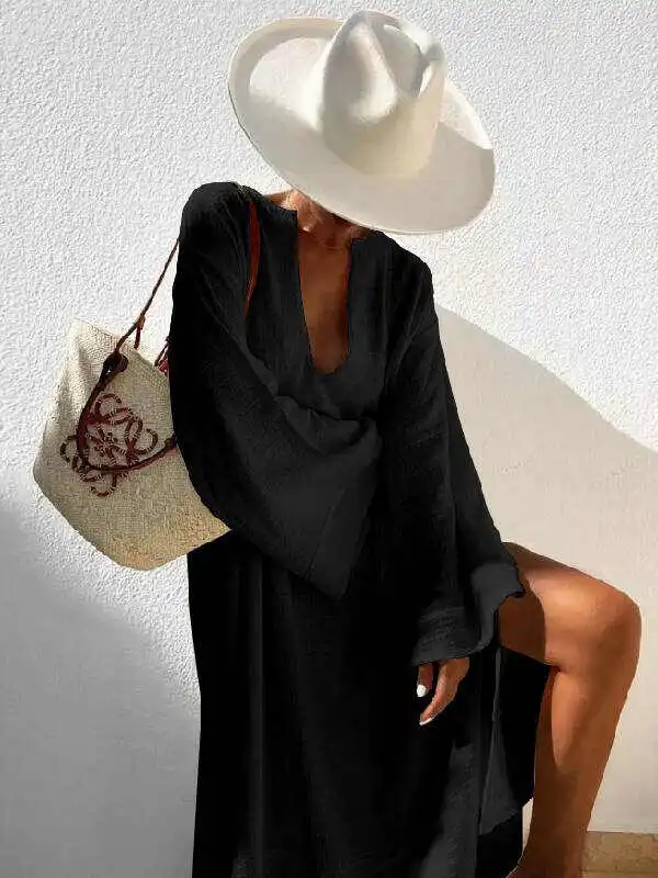 Vacation Flared Sleeves Solid Color Deep V-Neck Midi Dresses