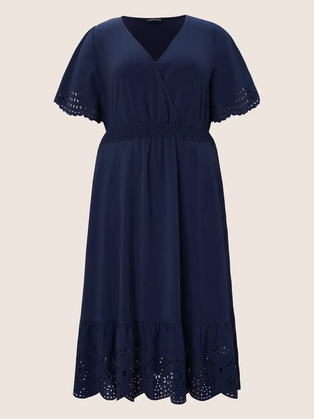 Solid Laser Cut Shirred Pocket Wrap Scalloped Trim Flutter Dress