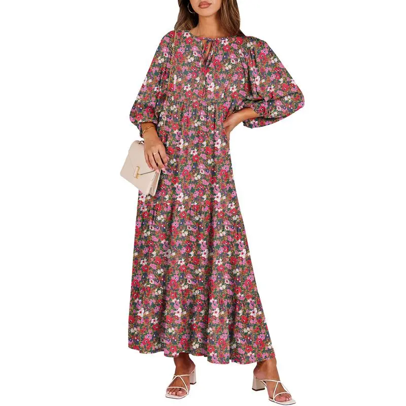 Boho Summer Maxi Dress for Women – Floral Puff Sleeve Vacation Sundress