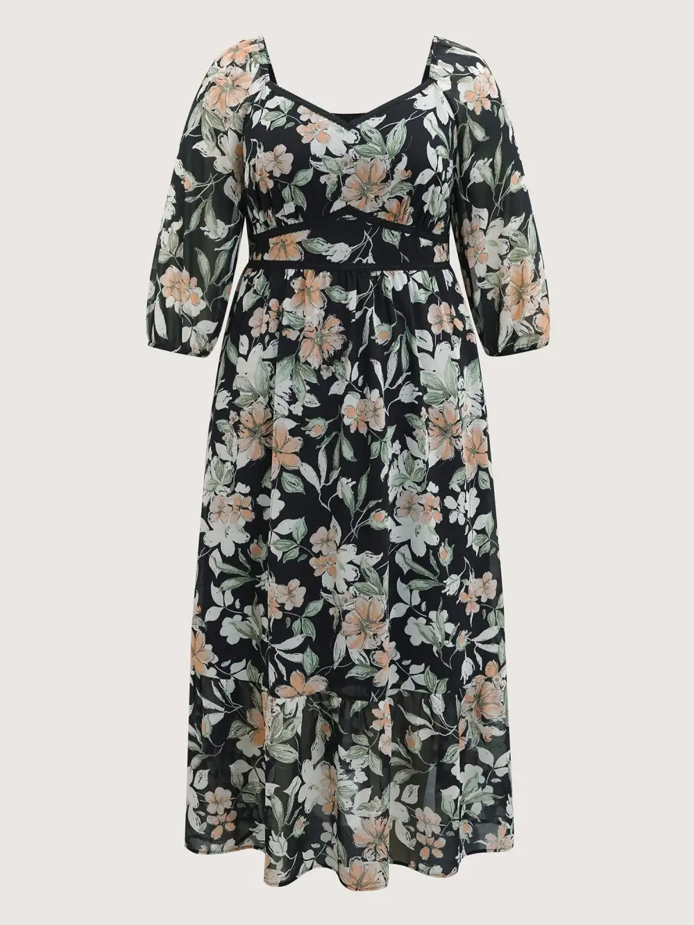 Floral Heart Neckline Woven Ribbon Gathered Dress