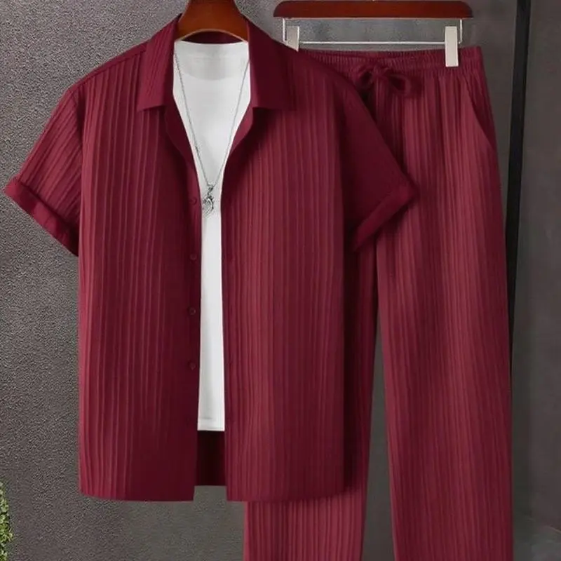 Men’s Maroon Shirt & Trousers Set – Short Sleeve Casual Outfit for Summer & Fall