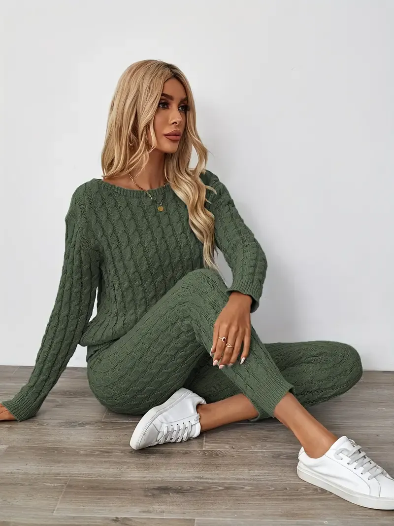 Solid Knitted Matching Two-piece Set, Casual Long Sleeve Sweater & Pants Outfits, Women's Clothing