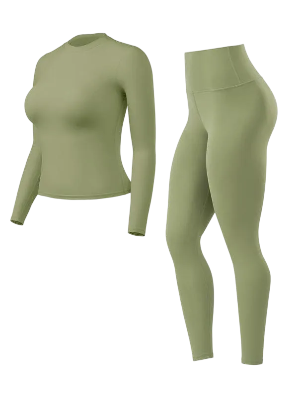 Women's Solid Long Sleeve Tee & High Waist Leggings Sportswear Set