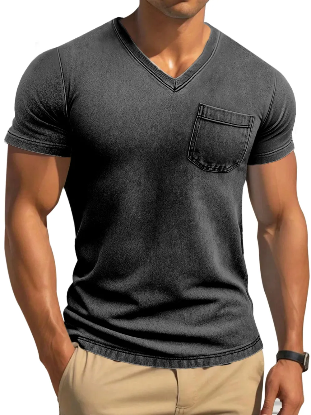 Men's Retro Solid Color Tight And Comfortable V-neck Short-sleeved T-shirt