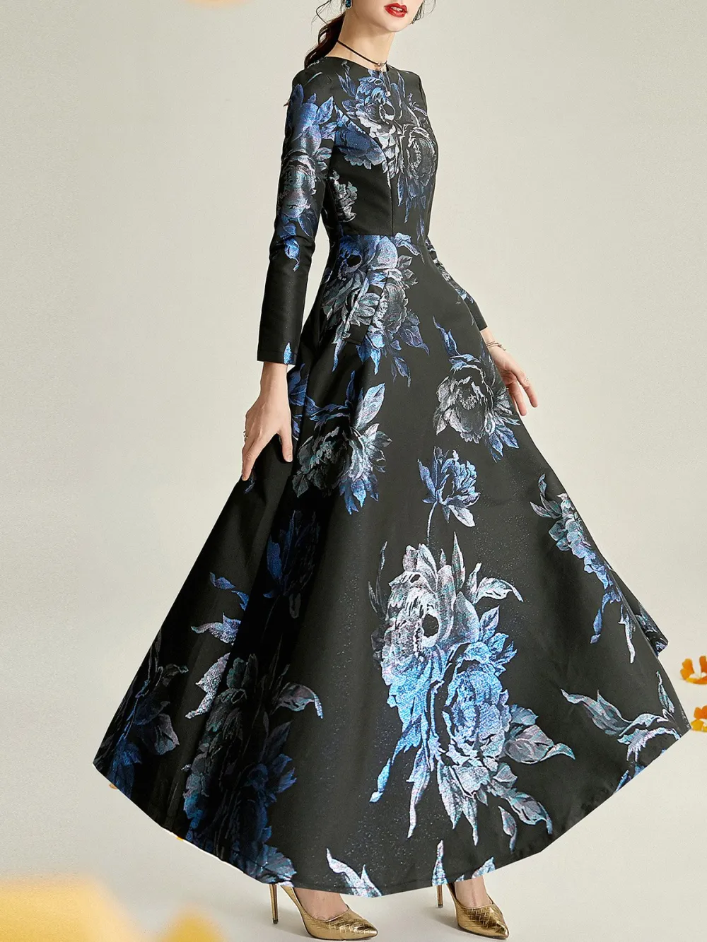 Black-Blue A-Line  Cocktail Party & Evening Floral Maxi Dresses