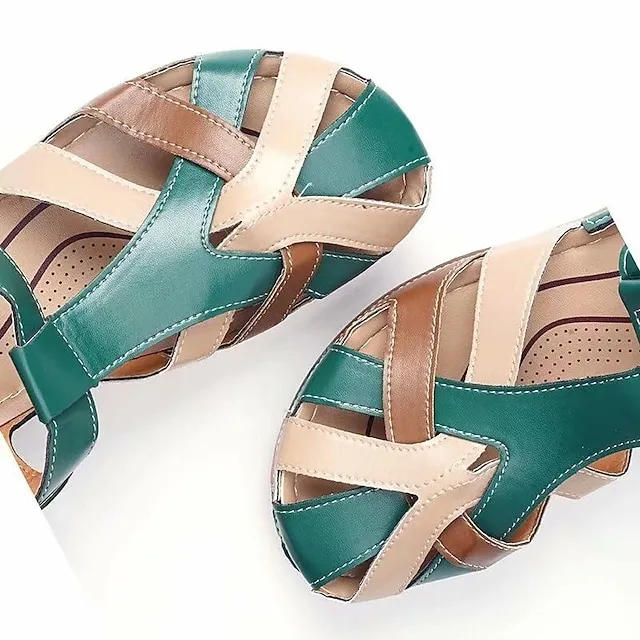 Women's Sandals Wedge Sandals Comfort Shoes Plus Size Outdoor Office Daily Summer Buckle Wedge Heel Round Toe Closed Toe Classic Casual Walking Shoes PU Leather Faux Leather Magic Tape Color Block
