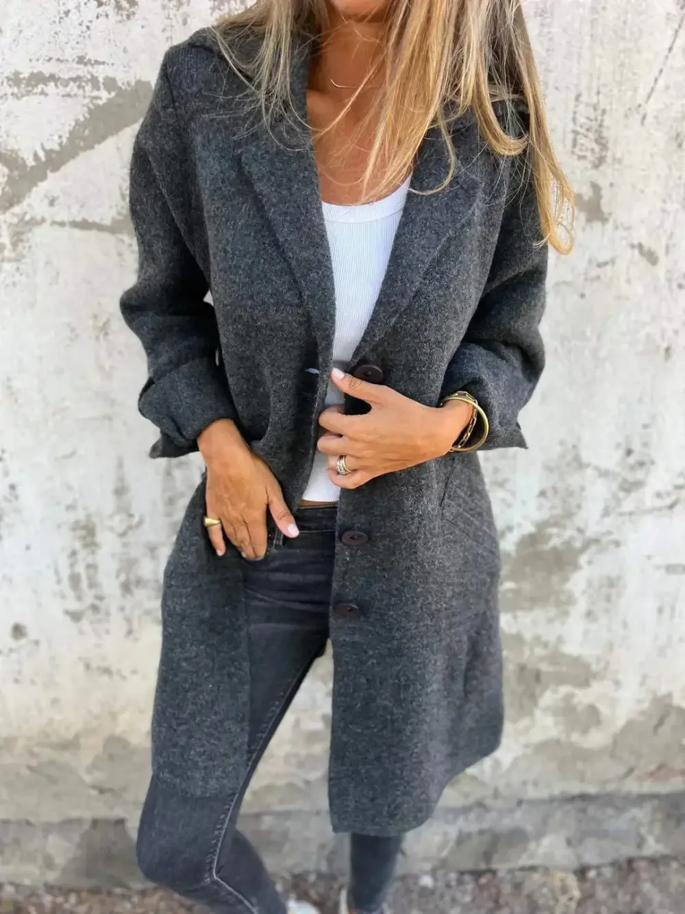 Aveline - Single Breasted Casual Wool Coat with Lapels