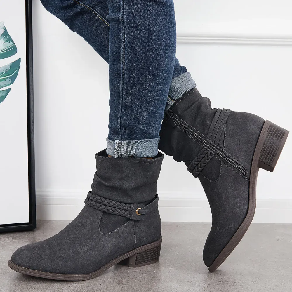 Slouchy Ankle Boots Braided Strap Chunky Block Heel Booties