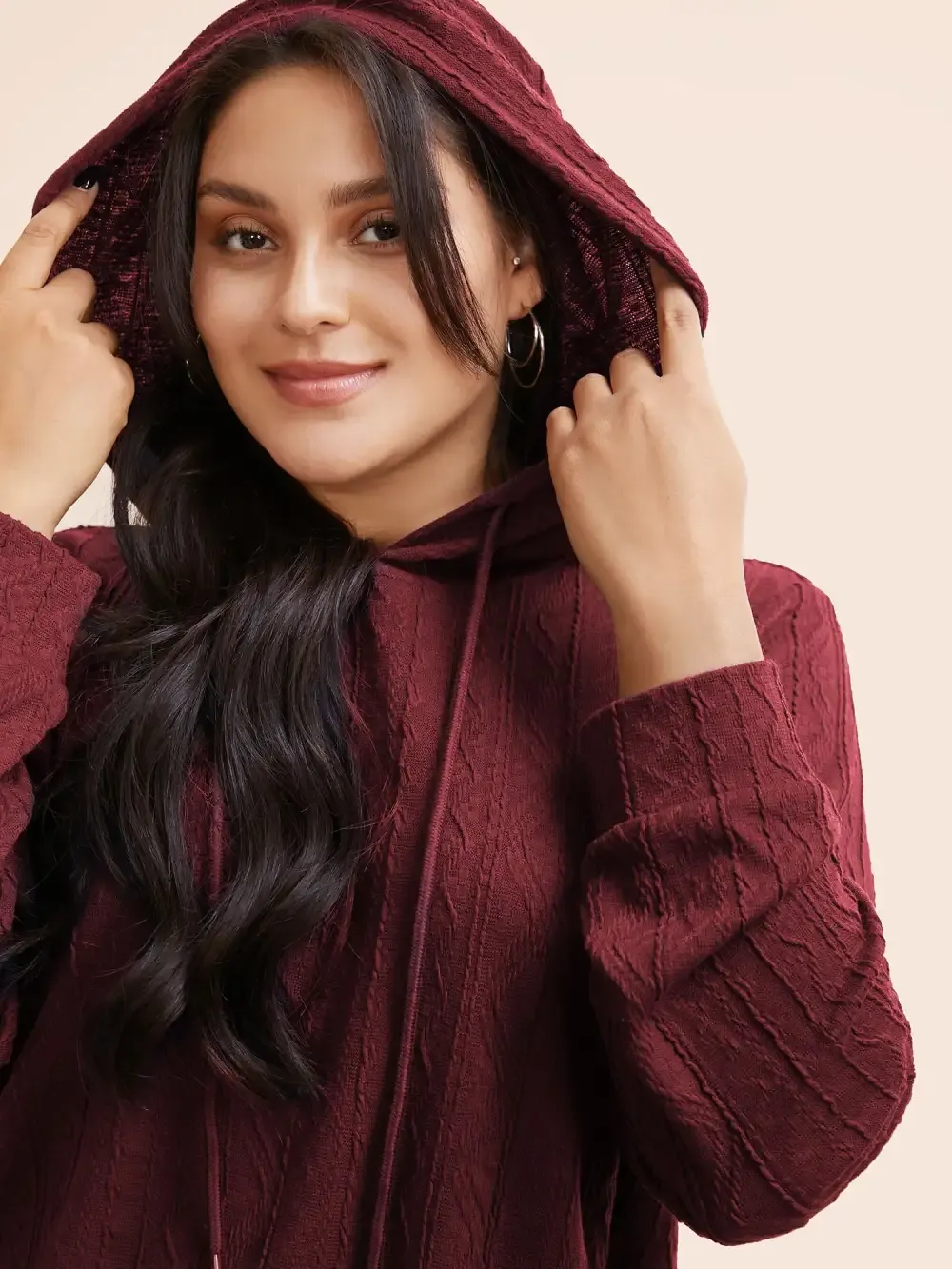 Plain Textured Hooded Drawstring Sweatshirt