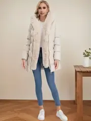 Elegant Mid-Length Hooded Coat with Plush Fur Trim, Versatile Trendy Colors for Women