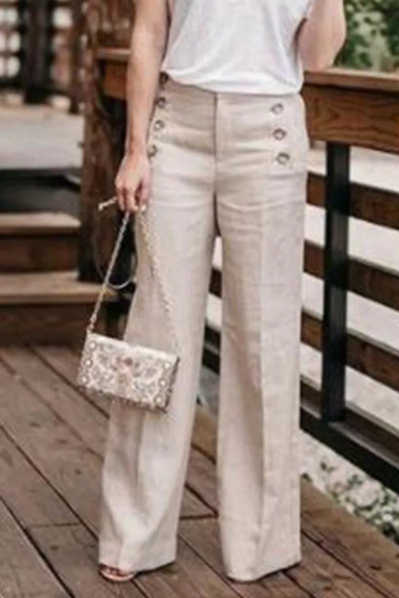 Casual Solid Buckle Straight High Waist Wide Leg Solid Color Bottoms(5 Colors)