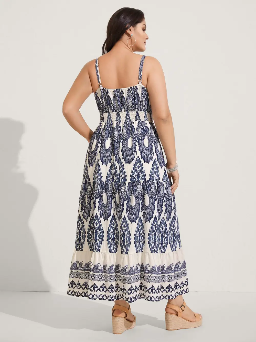 Boho Print Shirred Cami Midi Dress