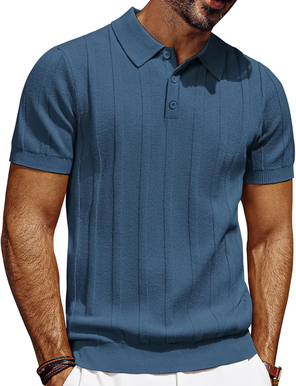 CLEARANCE SALE🔥Mens Polo Shirts Short Sleeve Textured Knit Polo Shirt Ribbed Casual Golf Shirts