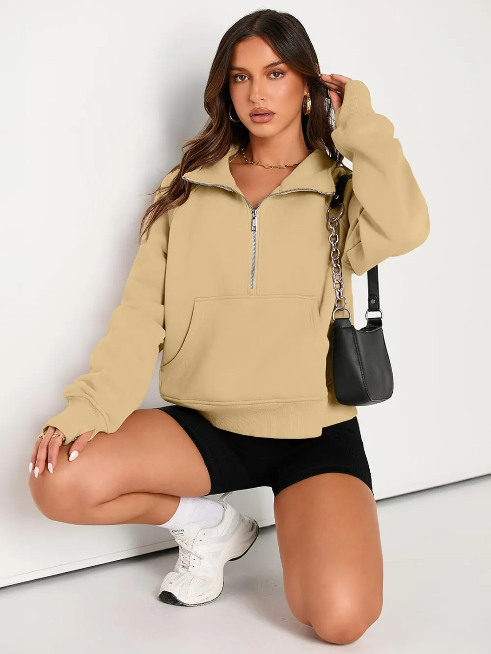 Womens Sweatshirts Half Zip Cropped Pullover Fleece Quarter Zipper Hoodies Fall outfits Clothes Thumb Hole