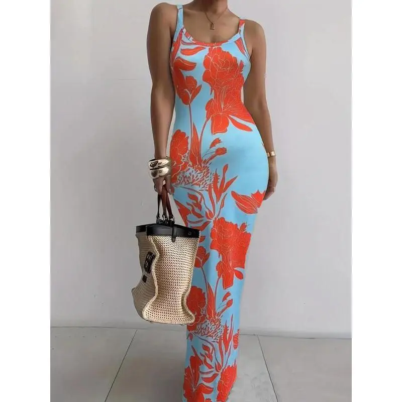 Women's Sleeveless Bodycon Maxi Dress – Printed Summer Beachwear