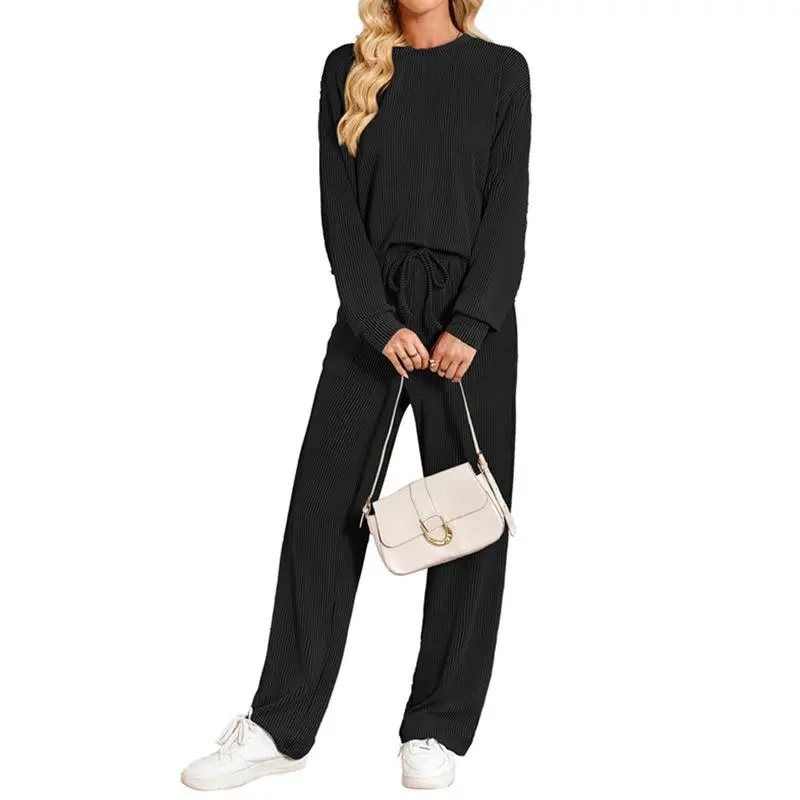 Women's 2-Piece Ribbed Knit Lounge Set – Long Sleeve Top & Pants, Summer Casual Matching Outfit