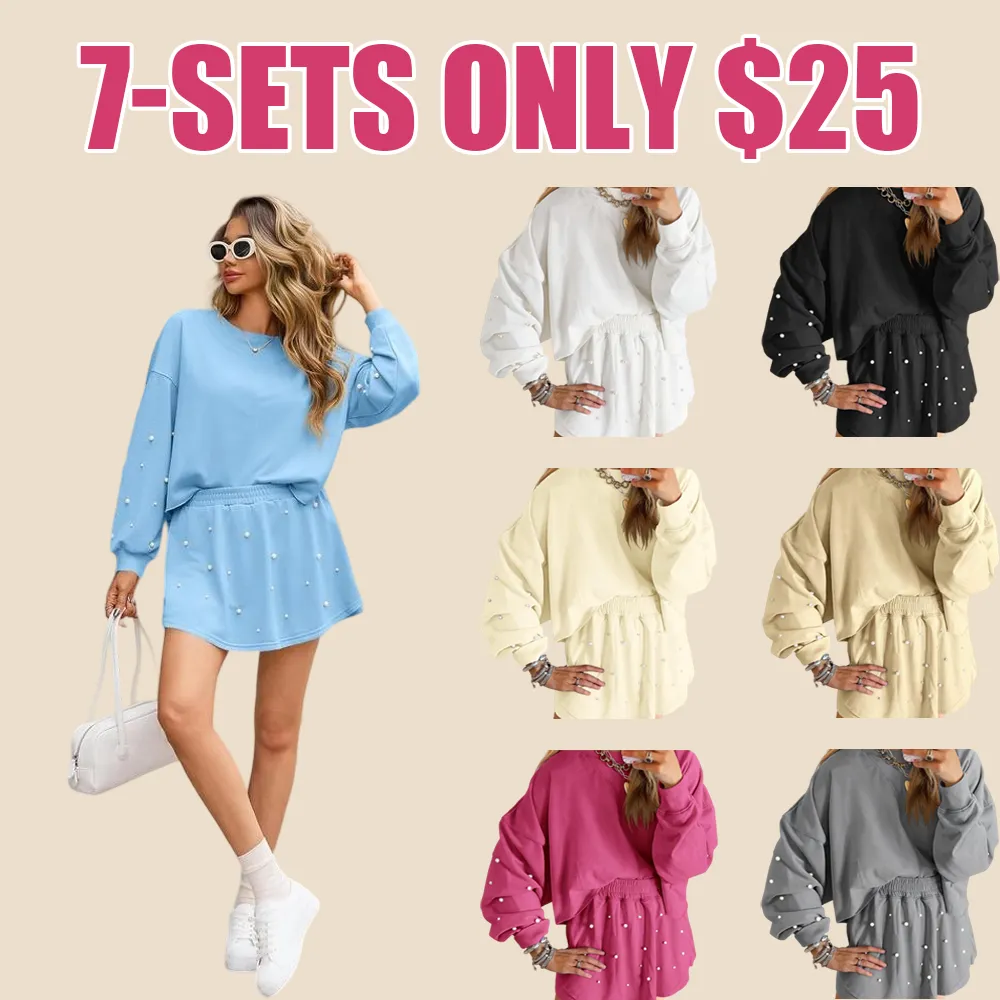 Women's Pearl-Decor Long Sleeve Sweatshirt & Loose Mini Skort 2-Piece Casual Fall Set.
