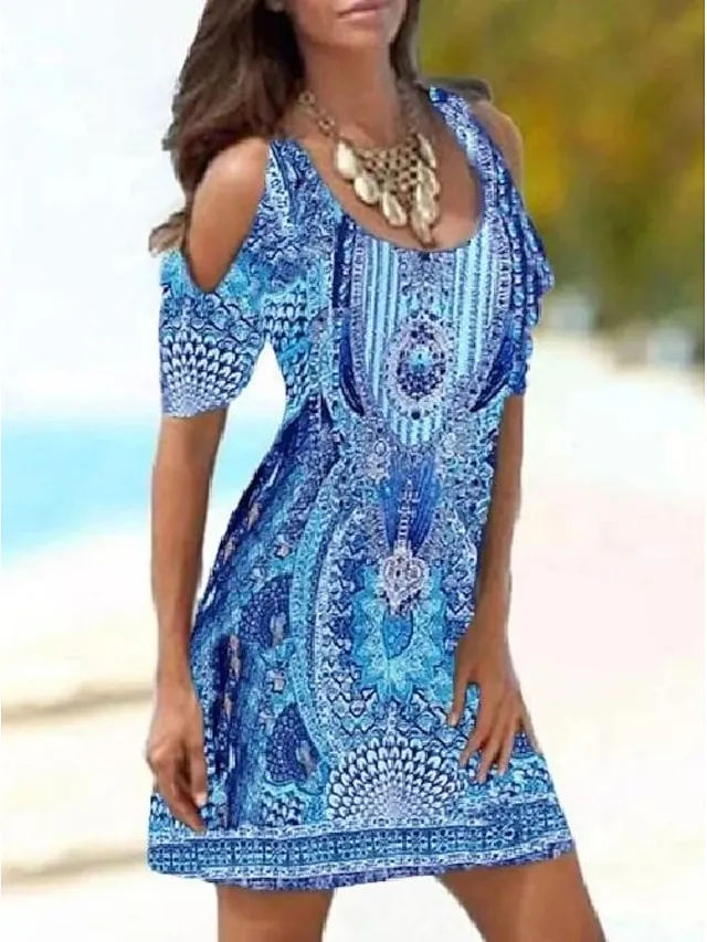 Women's Cut Out Dress Sheath Dress Boho Dress Mini Dress Blue Green Rose Red Short Sleeve Abstract Print Spring Summer Crew Neck Gothic Daily 2023 S M L XL XXL 3XL
