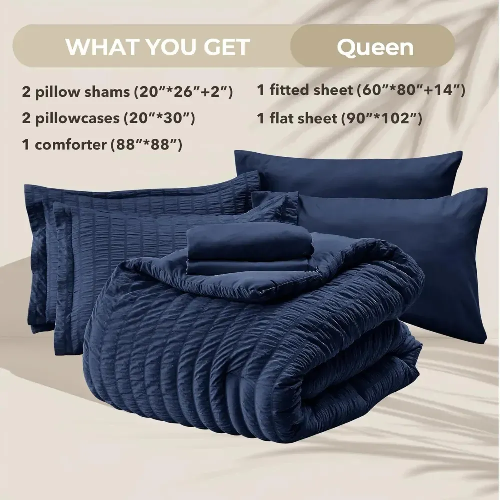 Queen Comforter Set Seersucker 7 Pieces, All Season Luxury Bed in a Bag for Bedroom, Bedding Set with Comforters, Sheets, Pillowcases & Shams, Dark Grey