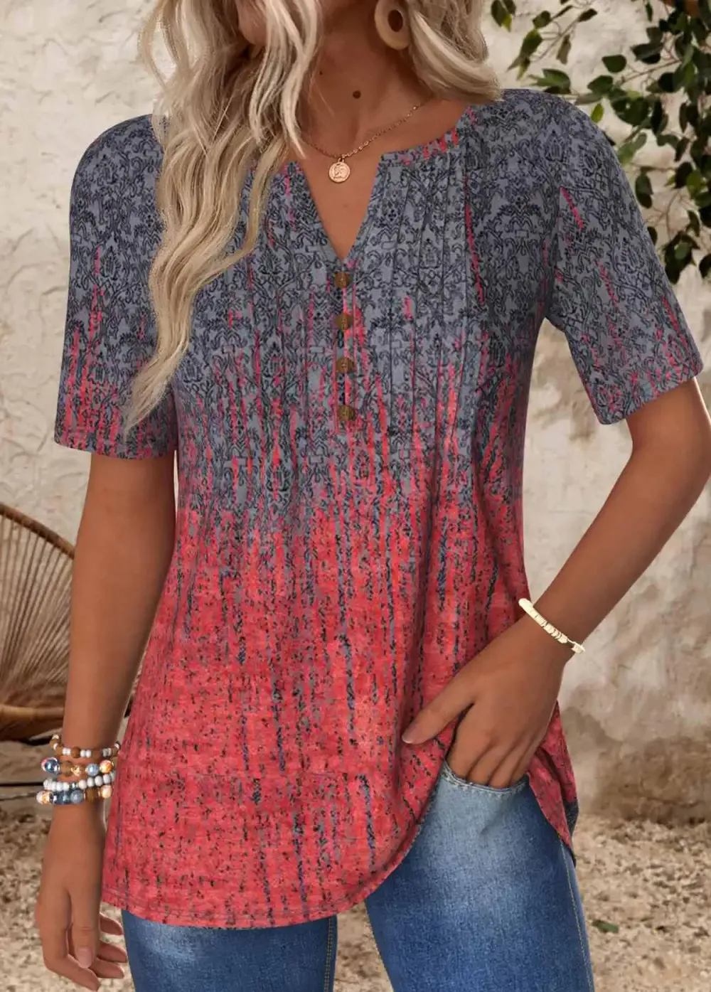 Deep Red Tuck Stitch Ombre Short Sleeve T Shirt