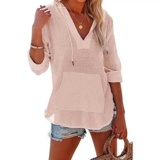 Women's Beach Cover Up Hoodie – Long Sleeve V-Neck Top with Pocket