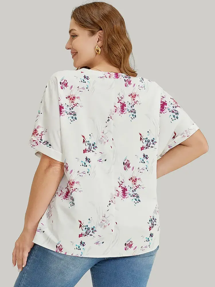 Floral Roll Batwing Sleeve Notched Neck Blouse