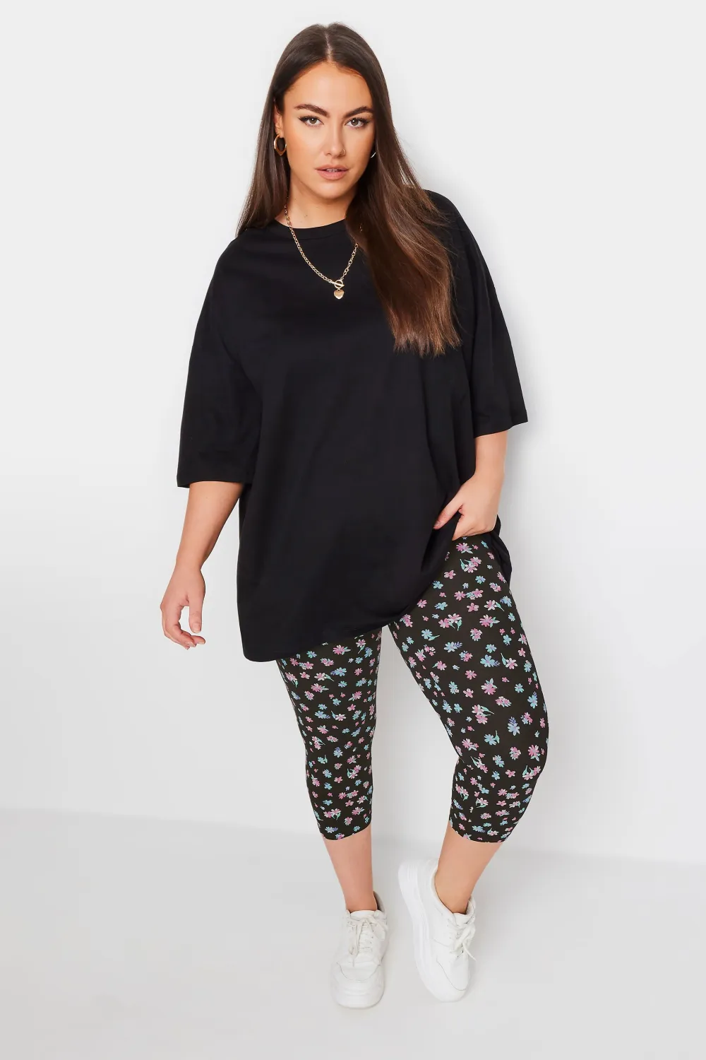 YOURS Curve 2 PACK Black & Blue Floral Print Cropped Leggings