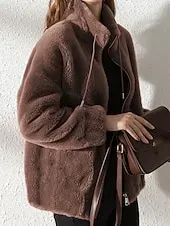 Women's Sherpa Jacket Casual Jacket Comfortable Breathable Zipper Casual Plain Vacation Street Casual Daily Wear Zipper Regular Stand Collar Regular Fit Long Sleeve Outerwear Black Purple Fuchsia