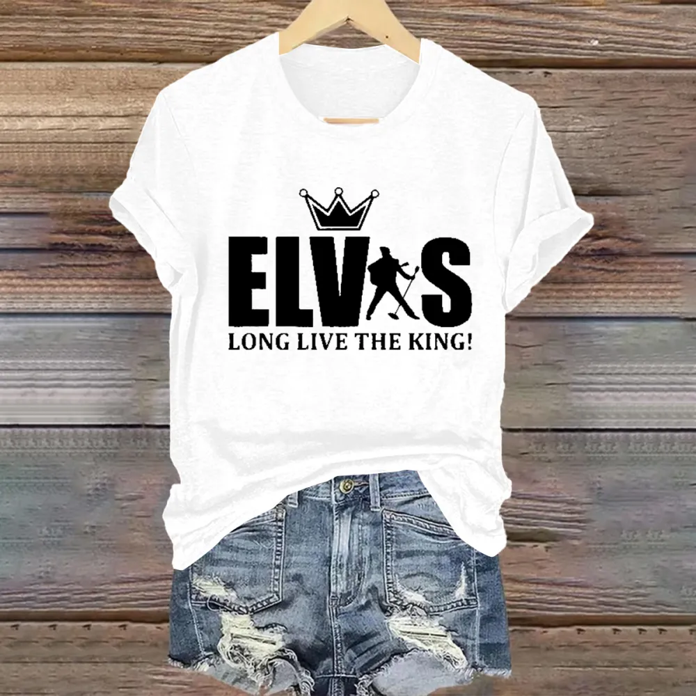 Women's  Long Live The King Print Short Sleeve Round Neck Cotton T-Shirt