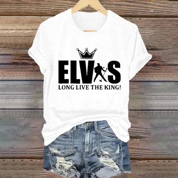 Women's  Long Live The King Print Short Sleeve Round Neck Cotton T-Shirt