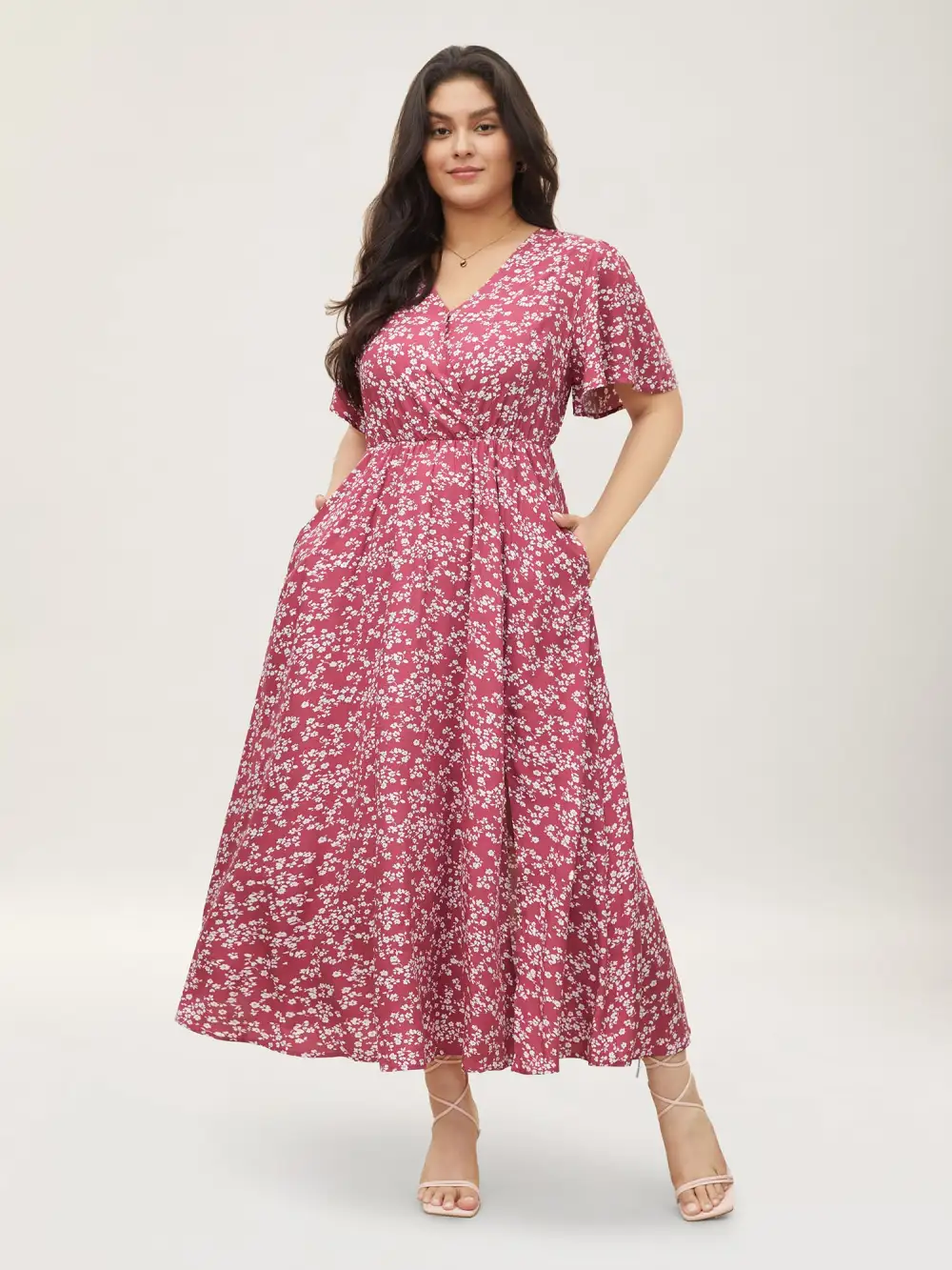 Bloom Dress - Flutter Sleeve Ditsy Floral Pocket Split Maxi Dress