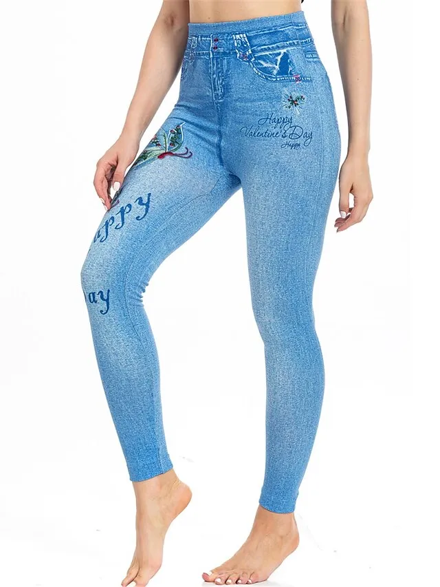 Women's Slim Pants Trousers Leggings Faux Denim Butterfly Pocket Print Full Length High Elasticity High Waist Fashion Streetwear Street Causal Lake Blue Royal Blue S M Summer Fall