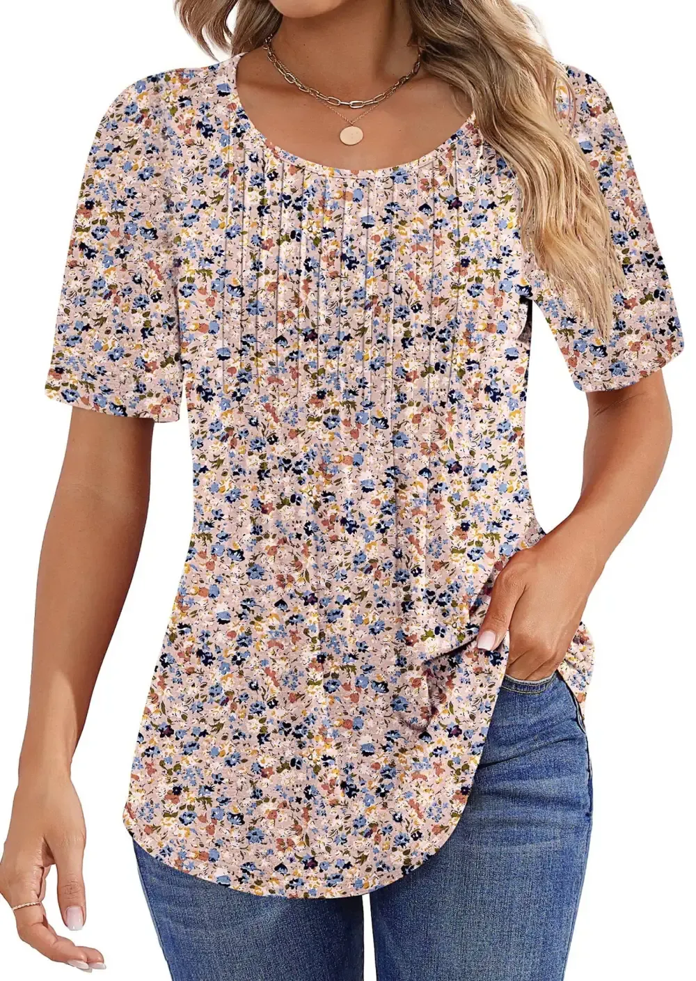 📣Women Summer Pleated Short Sleeve Tunic Blouses Tops