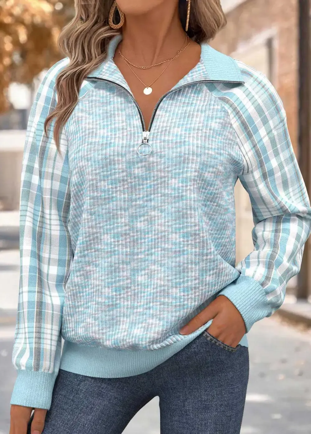 Light Blue Tummy Coverage Plaid Long Sleeve Sweatshirt