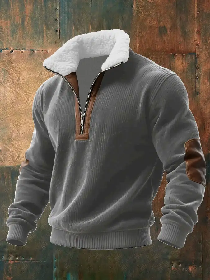 Men's Knitted Fabric Zipper Fur Collar Sweatshirt