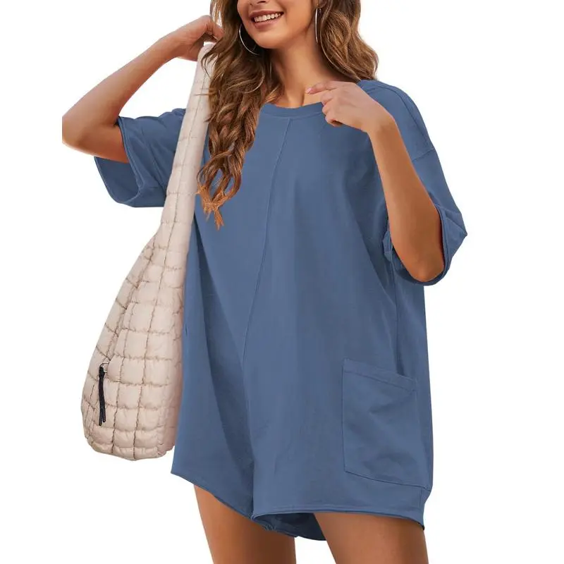 Womens Oversized Rompers Back V Neck Jumpsuits Casual Athletic Workout Tee Onesie Activewear