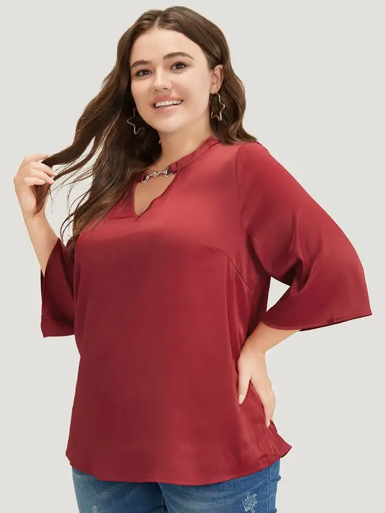 Anti-Wrinkle Plain Buckle Detail Neck Cut Out Blouse