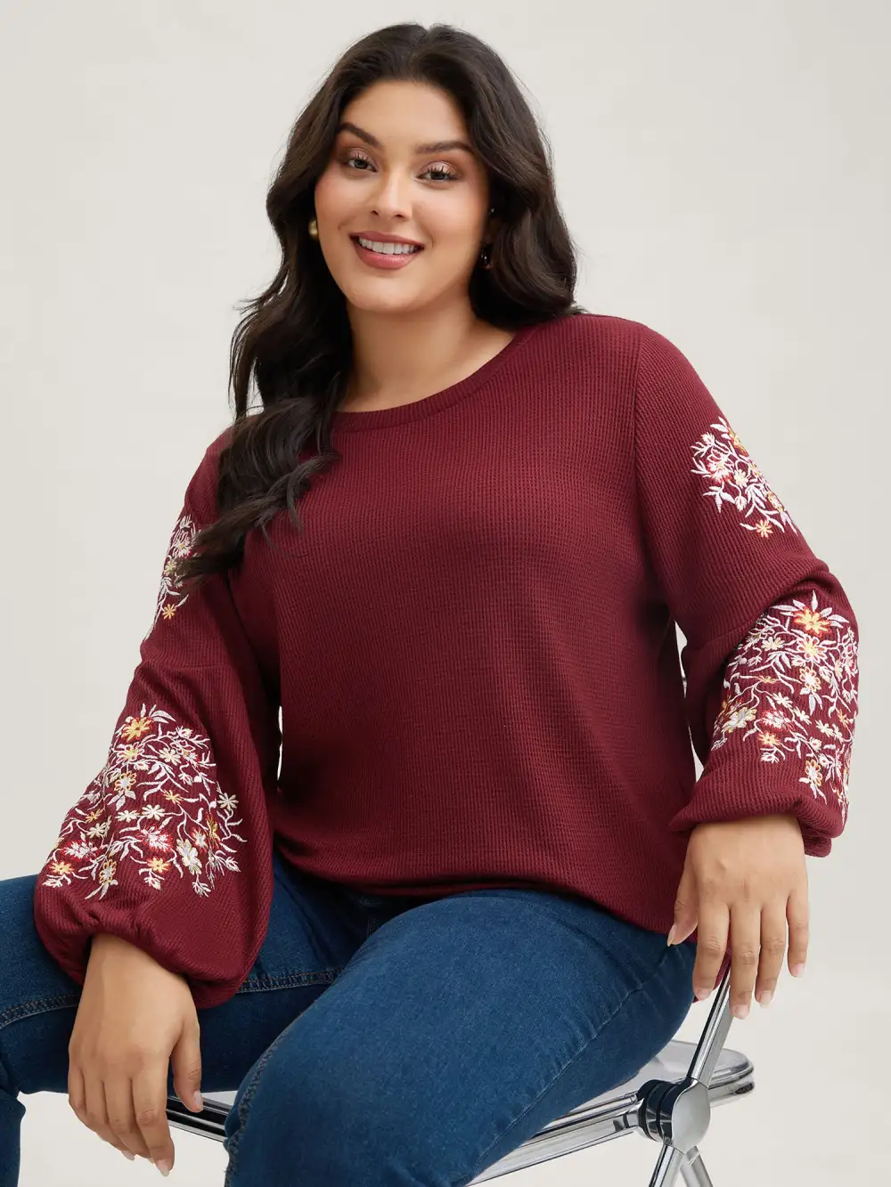 Waffle Knit Floral Embroidered Lantern Sleeve T-shirt