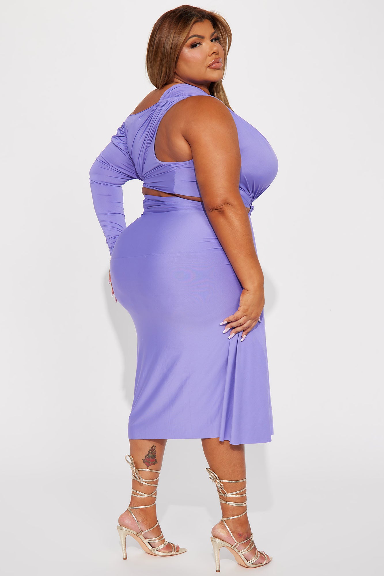 One Shoulder Ruched Midi Dress - Purple