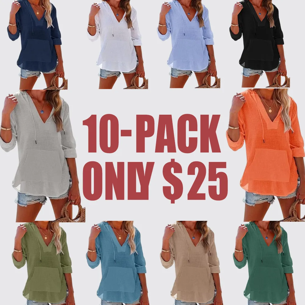 Women's Beach Cover Up Hoodie – Long Sleeve V-Neck Top with Pocket