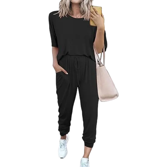 Women’s 2-Piece Summer Lounge Set, Short Sleeve Crew Neck Top & Drawstring Joggers with Pockets, Comfy Tracksuit