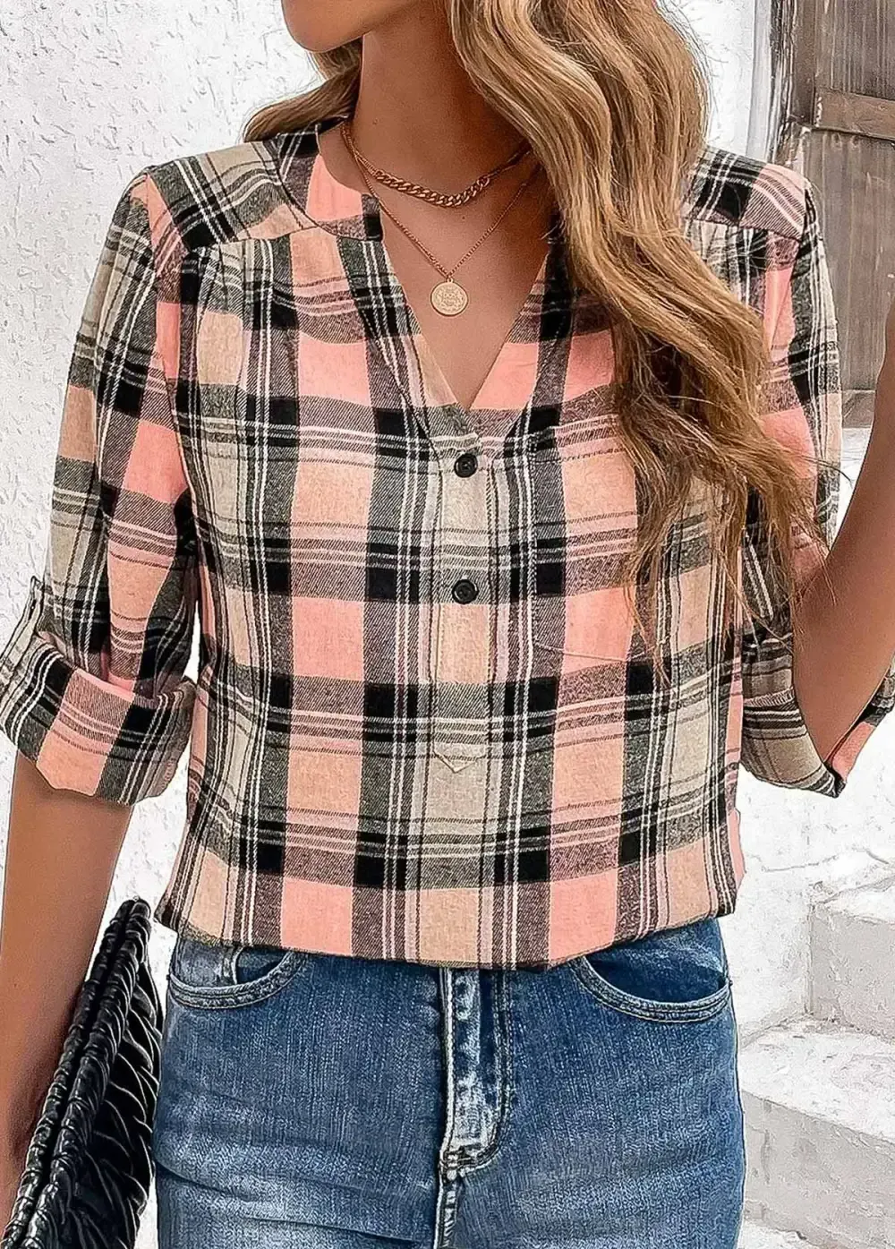 Pink Ruched Plaid Long Sleeve Split Neck Blouse