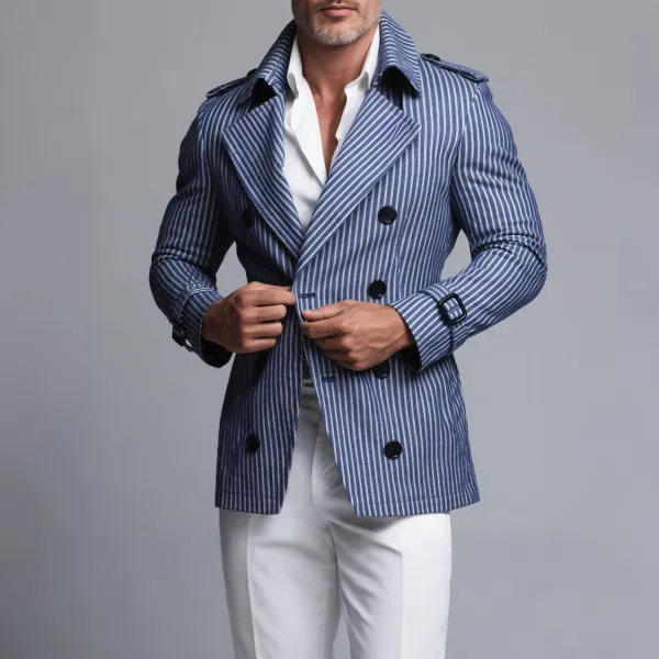 Men's Lapel Collar Double Breasted Blue And White Striped Trench Coat