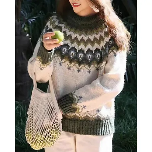 Women's Sweater Fair Isle Sweater Pullover Casual Soft Floral Ribbed Crew Neck Knitted Print Long Sleeve Regular Tops Knit Outdoor Daily Holiday Red Blue Fall Winter
