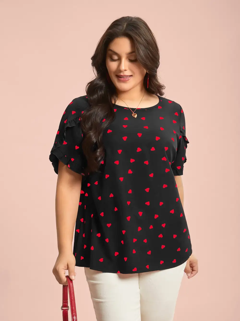 Ruffled Overlap Sleeve Heart Pattern Blouse