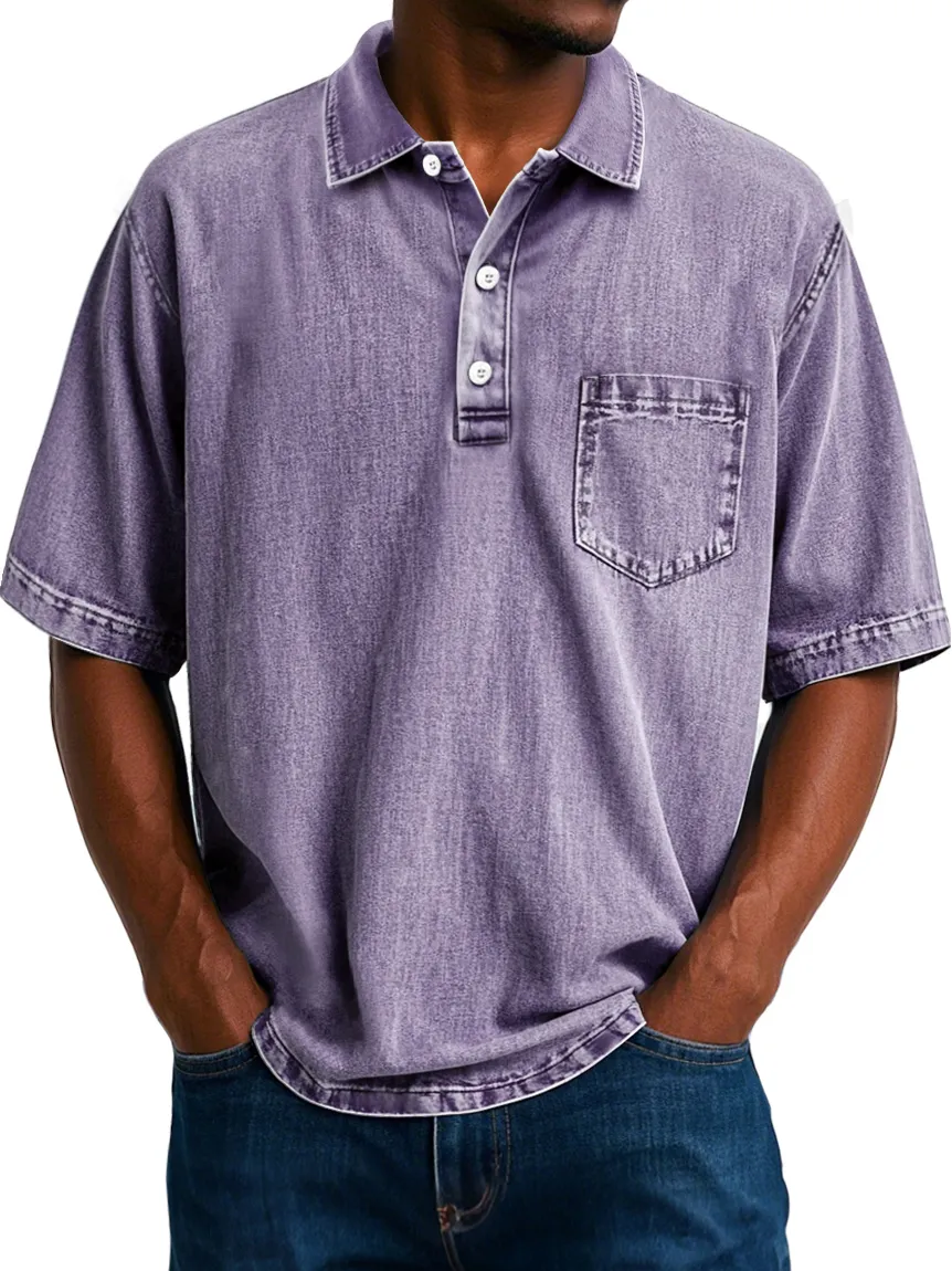 Men's Vintage 100% Cotton Washed Distressed Lapel Pocket Casual Short Sleeve POLO Shirt