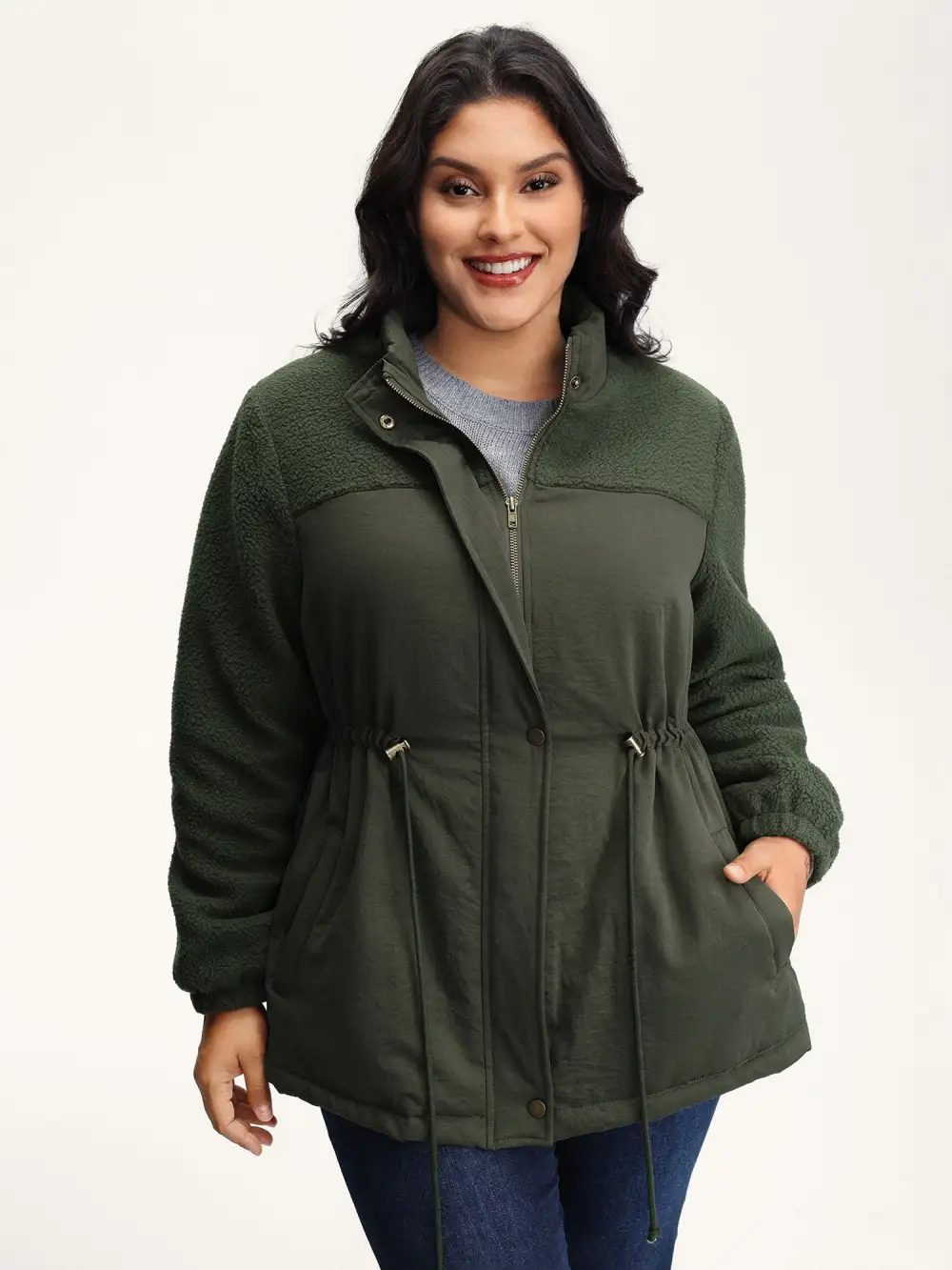 Mixed Fabric Waist Drawstring Quilted Jacket