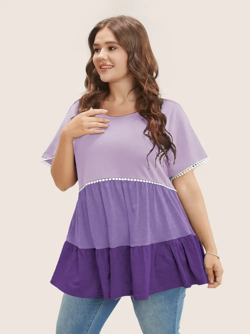 Colorblock Contrast Ruffle Tiered T-Shirt