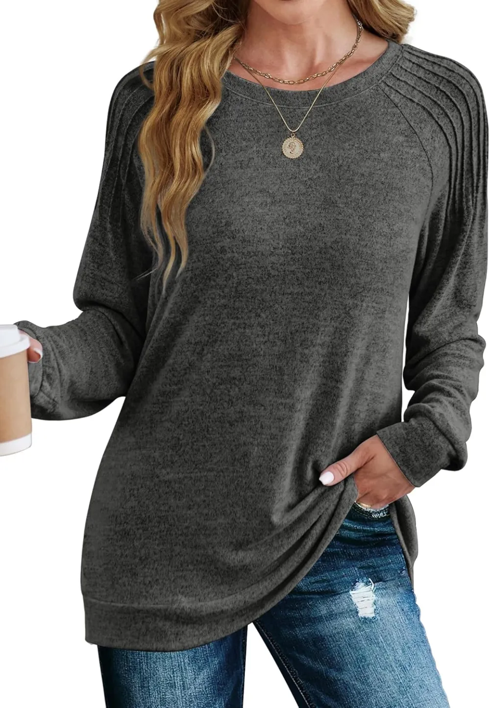 Sweatshirt for Women Crewneck Pleated Long Sleeve Shirts Tunic Tops Fashion 2024