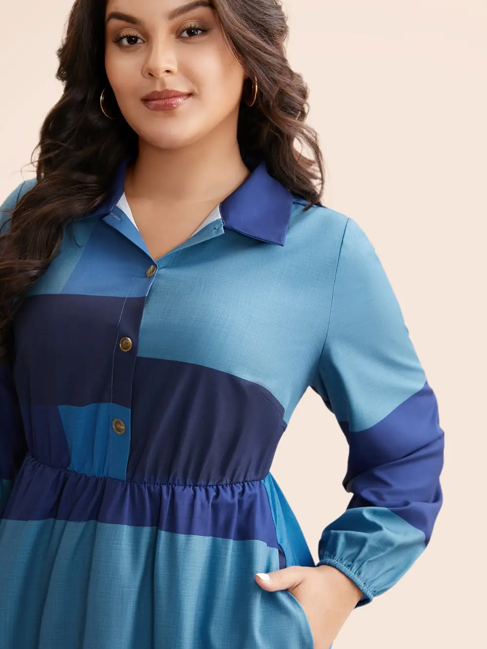 Shirt Collar Colorblock Contrast Midi Dress